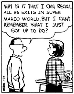 Edited panel from a "Calvin and Hobbes" comic. Calvin's dad says: "Why is it that I can recall all 96 exits in Super Mario World, but I can't remember what I just got up to do?"

In the original comic, he asked why he could recall a cigarette ad jingle from 25 years ago.